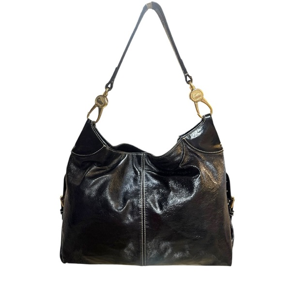 Dooney & Bourke Black Patent Leather Hobo Bag – Zip Pocket Slouch Style - Picture 2 of 16